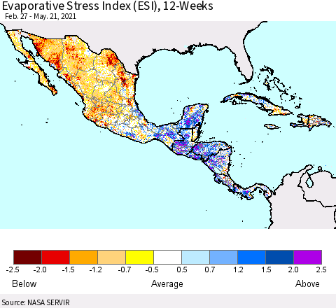 Mexico Central America and the Caribbean Evaporative Stress Index (ESI), 12-Weeks Thematic Map For 5/17/2021 - 5/23/2021