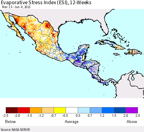 Mexico Central America and the Caribbean Evaporative Stress Index (ESI), 12-Weeks Thematic Map For 5/31/2021 - 6/6/2021