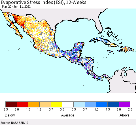 Mexico Central America and the Caribbean Evaporative Stress Index (ESI), 12-Weeks Thematic Map For 6/7/2021 - 6/13/2021