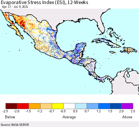Mexico Central America and the Caribbean Evaporative Stress Index (ESI), 12-Weeks Thematic Map For 7/5/2021 - 7/11/2021