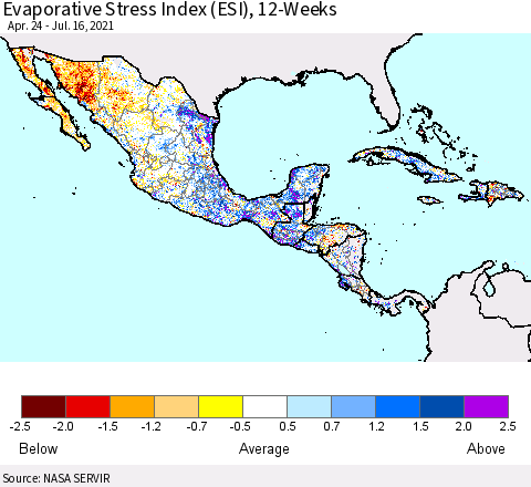 Mexico Central America and the Caribbean Evaporative Stress Index (ESI), 12-Weeks Thematic Map For 7/12/2021 - 7/18/2021