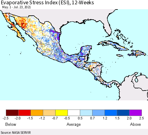 Mexico Central America and the Caribbean Evaporative Stress Index (ESI), 12-Weeks Thematic Map For 7/19/2021 - 7/25/2021
