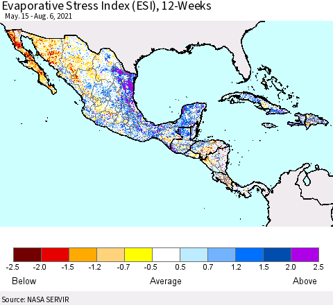 Mexico Central America and the Caribbean Evaporative Stress Index (ESI), 12-Weeks Thematic Map For 8/2/2021 - 8/8/2021