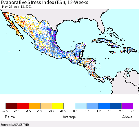 Mexico Central America and the Caribbean Evaporative Stress Index (ESI), 12-Weeks Thematic Map For 8/9/2021 - 8/15/2021