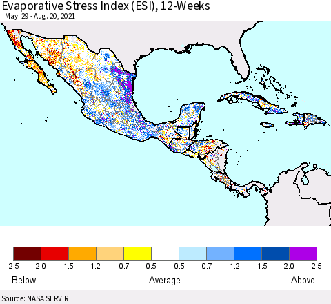 Mexico Central America and the Caribbean Evaporative Stress Index (ESI), 12-Weeks Thematic Map For 8/16/2021 - 8/22/2021