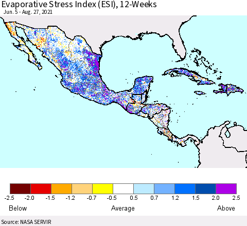 Mexico Central America and the Caribbean Evaporative Stress Index (ESI), 12-Weeks Thematic Map For 8/23/2021 - 8/29/2021