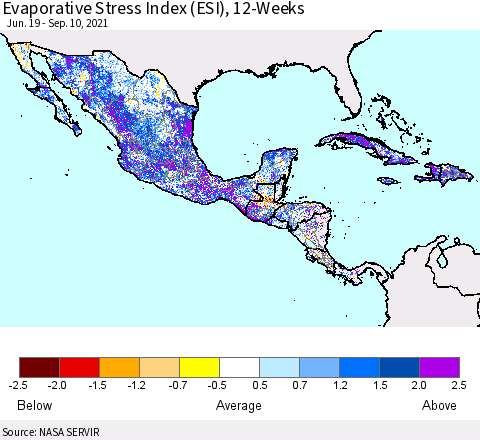 Mexico Central America and the Caribbean Evaporative Stress Index (ESI), 12-Weeks Thematic Map For 9/6/2021 - 9/12/2021
