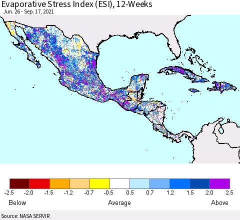 Mexico Central America and the Caribbean Evaporative Stress Index (ESI), 12-Weeks Thematic Map For 9/13/2021 - 9/19/2021