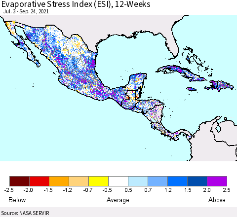 Mexico Central America and the Caribbean Evaporative Stress Index (ESI), 12-Weeks Thematic Map For 9/20/2021 - 9/26/2021