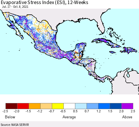 Mexico Central America and the Caribbean Evaporative Stress Index (ESI), 12-Weeks Thematic Map For 10/4/2021 - 10/10/2021