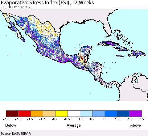 Mexico Central America and the Caribbean Evaporative Stress Index (ESI), 12-Weeks Thematic Map For 10/18/2021 - 10/24/2021