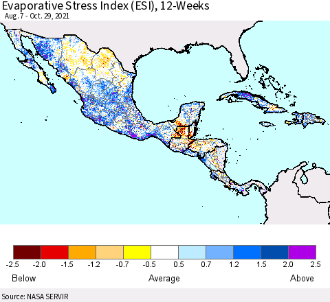 Mexico Central America and the Caribbean Evaporative Stress Index (ESI), 12-Weeks Thematic Map For 10/25/2021 - 10/31/2021