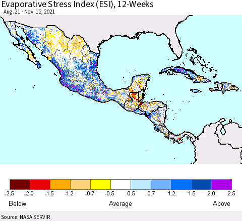 Mexico Central America and the Caribbean Evaporative Stress Index (ESI), 12-Weeks Thematic Map For 11/8/2021 - 11/14/2021