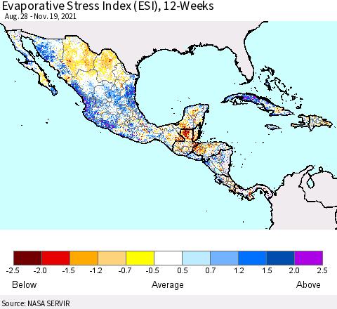 Mexico Central America and the Caribbean Evaporative Stress Index (ESI), 12-Weeks Thematic Map For 11/15/2021 - 11/21/2021