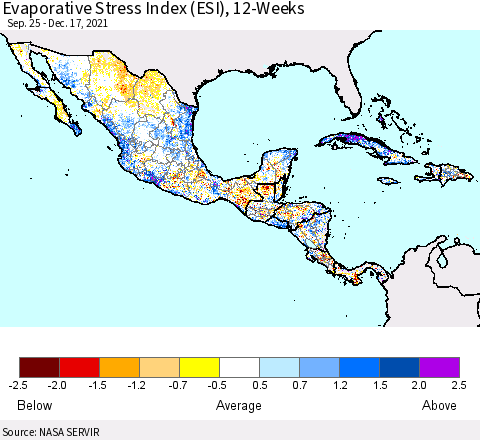 Mexico Central America and the Caribbean Evaporative Stress Index (ESI), 12-Weeks Thematic Map For 12/13/2021 - 12/19/2021