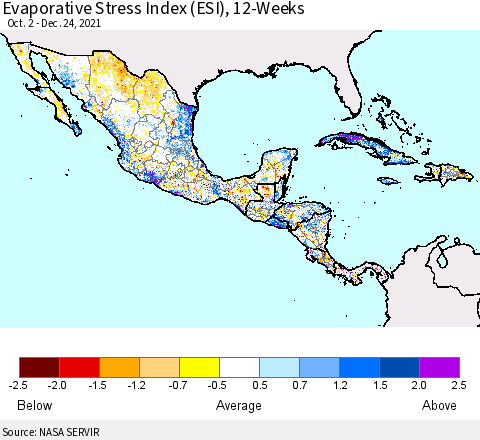 Mexico Central America and the Caribbean Evaporative Stress Index (ESI), 12-Weeks Thematic Map For 12/20/2021 - 12/26/2021