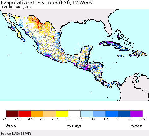 Mexico Central America and the Caribbean Evaporative Stress Index (ESI), 12-Weeks Thematic Map For 12/27/2021 - 1/2/2022