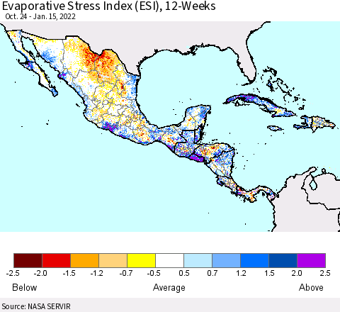 Mexico Central America and the Caribbean Evaporative Stress Index (ESI), 12-Weeks Thematic Map For 1/10/2022 - 1/16/2022