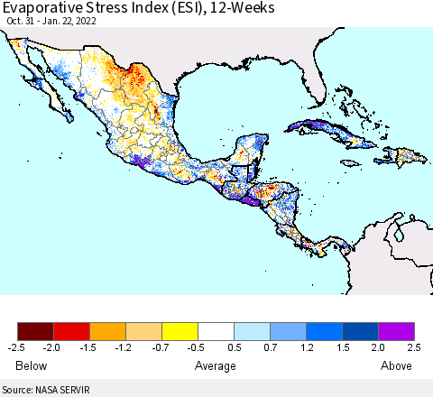 Mexico Central America and the Caribbean Evaporative Stress Index (ESI), 12-Weeks Thematic Map For 1/17/2022 - 1/23/2022