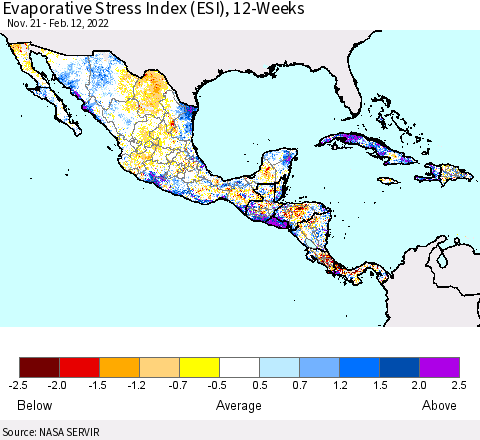 Mexico Central America and the Caribbean Evaporative Stress Index (ESI), 12-Weeks Thematic Map For 2/7/2022 - 2/13/2022