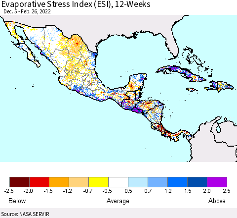 Mexico Central America and the Caribbean Evaporative Stress Index (ESI), 12-Weeks Thematic Map For 2/21/2022 - 2/27/2022