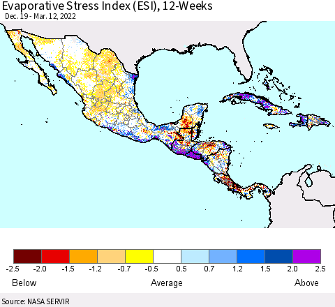 Mexico Central America and the Caribbean Evaporative Stress Index (ESI), 12-Weeks Thematic Map For 3/7/2022 - 3/13/2022