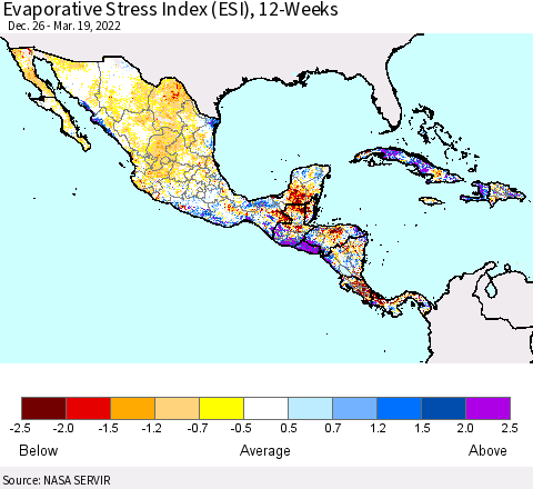 Mexico Central America and the Caribbean Evaporative Stress Index (ESI), 12-Weeks Thematic Map For 3/14/2022 - 3/20/2022