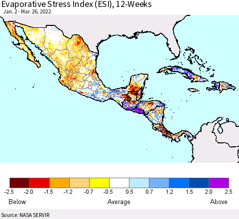 Mexico Central America and the Caribbean Evaporative Stress Index (ESI), 12-Weeks Thematic Map For 3/21/2022 - 3/27/2022