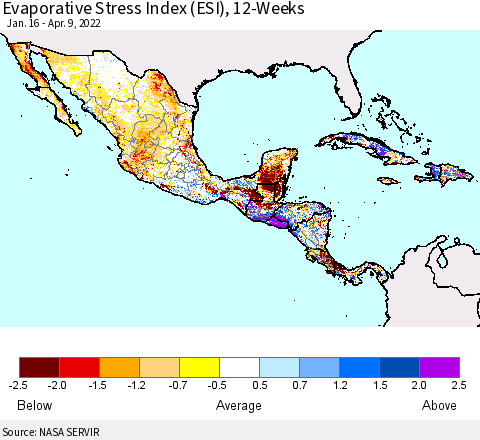 Mexico Central America and the Caribbean Evaporative Stress Index (ESI), 12-Weeks Thematic Map For 4/4/2022 - 4/10/2022