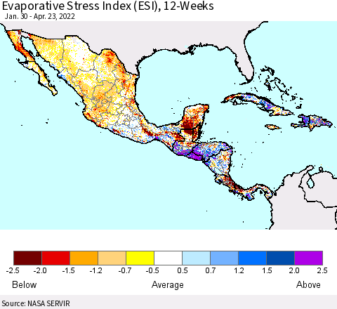 Mexico Central America and the Caribbean Evaporative Stress Index (ESI), 12-Weeks Thematic Map For 4/18/2022 - 4/24/2022