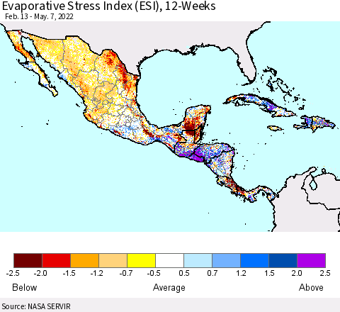 Mexico Central America and the Caribbean Evaporative Stress Index (ESI), 12-Weeks Thematic Map For 5/2/2022 - 5/8/2022