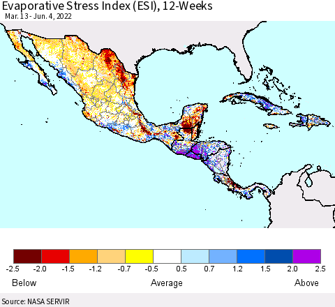 Mexico Central America and the Caribbean Evaporative Stress Index (ESI), 12-Weeks Thematic Map For 5/30/2022 - 6/5/2022