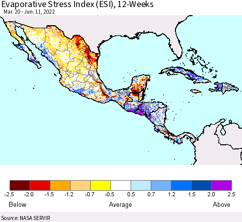 Mexico Central America and the Caribbean Evaporative Stress Index (ESI), 12-Weeks Thematic Map For 6/6/2022 - 6/12/2022
