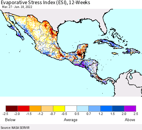 Mexico Central America and the Caribbean Evaporative Stress Index (ESI), 12-Weeks Thematic Map For 6/13/2022 - 6/19/2022