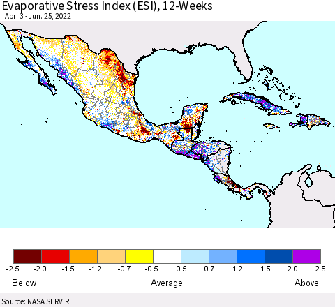 Mexico Central America and the Caribbean Evaporative Stress Index (ESI), 12-Weeks Thematic Map For 6/20/2022 - 6/26/2022