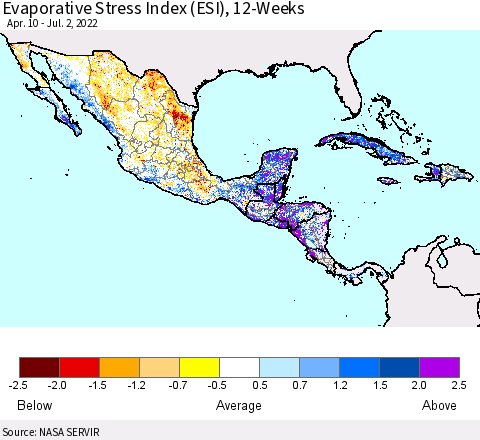 Mexico Central America and the Caribbean Evaporative Stress Index (ESI), 12-Weeks Thematic Map For 6/27/2022 - 7/3/2022