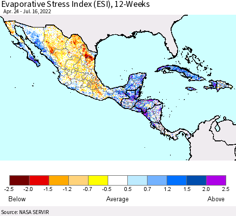 Mexico Central America and the Caribbean Evaporative Stress Index (ESI), 12-Weeks Thematic Map For 7/11/2022 - 7/17/2022