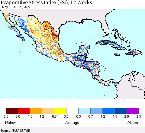 Mexico Central America and the Caribbean Evaporative Stress Index (ESI), 12-Weeks Thematic Map For 7/18/2022 - 7/24/2022