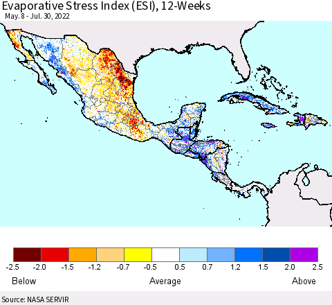 Mexico Central America and the Caribbean Evaporative Stress Index (ESI), 12-Weeks Thematic Map For 7/25/2022 - 7/31/2022