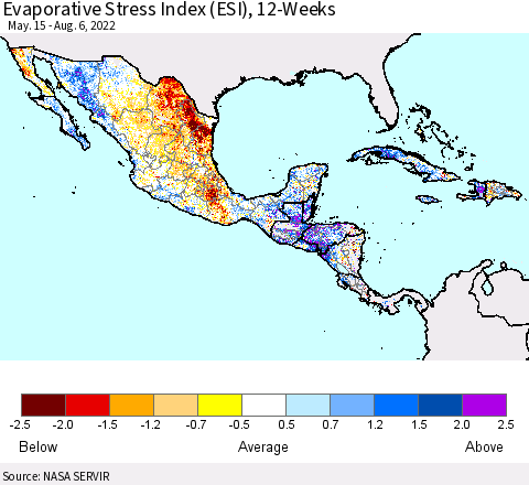 Mexico Central America and the Caribbean Evaporative Stress Index (ESI), 12-Weeks Thematic Map For 8/1/2022 - 8/7/2022