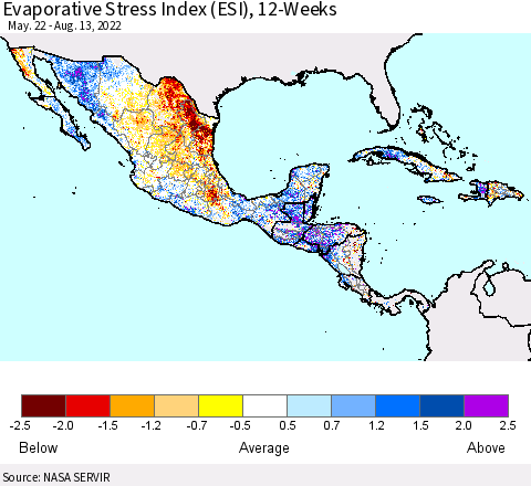 Mexico Central America and the Caribbean Evaporative Stress Index (ESI), 12-Weeks Thematic Map For 8/8/2022 - 8/14/2022