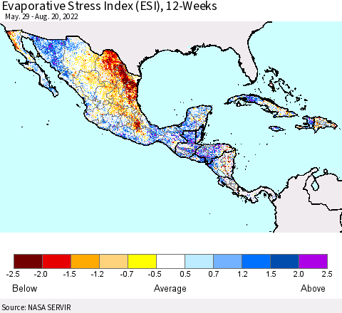 Mexico Central America and the Caribbean Evaporative Stress Index (ESI), 12-Weeks Thematic Map For 8/15/2022 - 8/21/2022