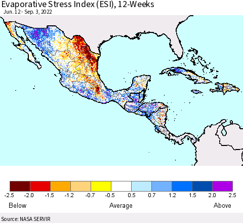 Mexico Central America and the Caribbean Evaporative Stress Index (ESI), 12-Weeks Thematic Map For 8/29/2022 - 9/4/2022
