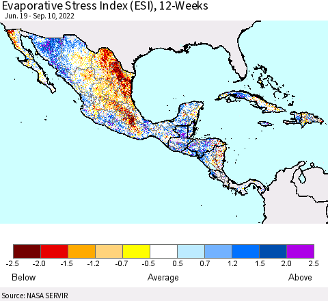 Mexico Central America and the Caribbean Evaporative Stress Index (ESI), 12-Weeks Thematic Map For 9/5/2022 - 9/11/2022