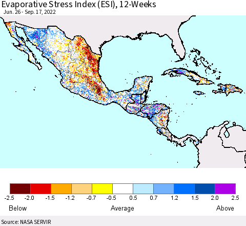 Mexico Central America and the Caribbean Evaporative Stress Index (ESI), 12-Weeks Thematic Map For 9/12/2022 - 9/18/2022
