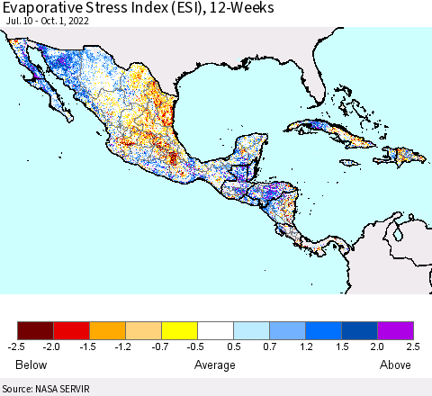 Mexico Central America and the Caribbean Evaporative Stress Index (ESI), 12-Weeks Thematic Map For 9/26/2022 - 10/2/2022