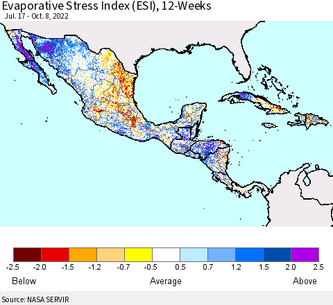 Mexico Central America and the Caribbean Evaporative Stress Index (ESI), 12-Weeks Thematic Map For 10/3/2022 - 10/9/2022
