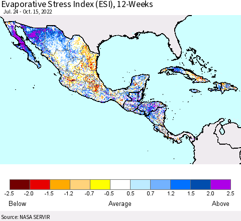 Mexico Central America and the Caribbean Evaporative Stress Index (ESI), 12-Weeks Thematic Map For 10/10/2022 - 10/16/2022