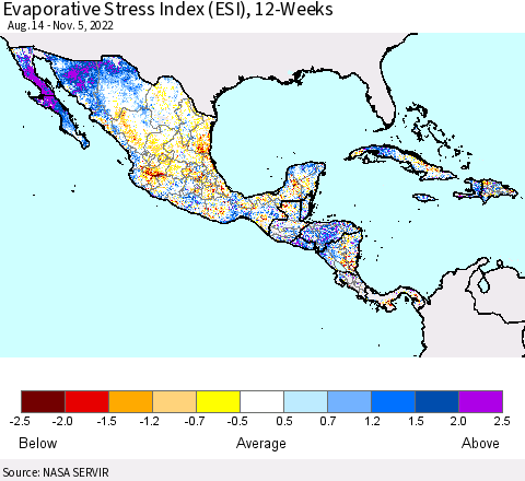 Mexico Central America and the Caribbean Evaporative Stress Index (ESI), 12-Weeks Thematic Map For 10/31/2022 - 11/6/2022