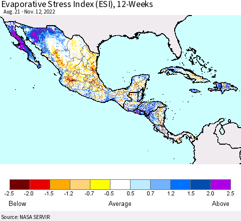 Mexico Central America and the Caribbean Evaporative Stress Index (ESI), 12-Weeks Thematic Map For 11/7/2022 - 11/13/2022